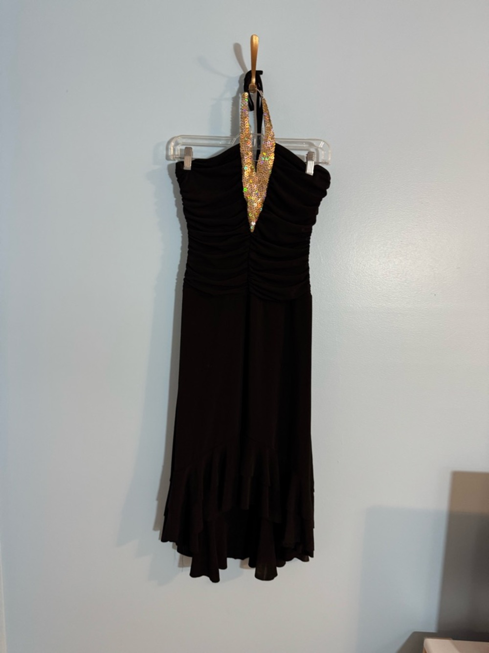vintage y2k midi halter top black dress layered with sequins detail from a byer